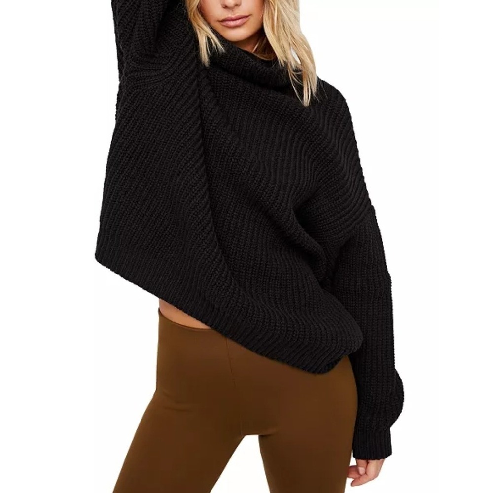 Free People Swim Too Deep Oversized Sweater Black Ribbed Turtleneck Sz XS Chunky